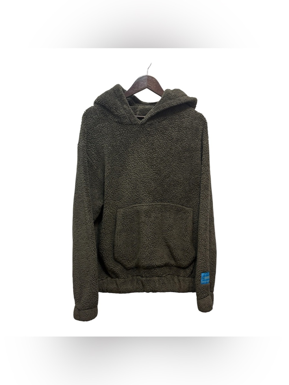 Cozy Olive Teddy Fleece Sherpa Hoodie with Kangaroo Pocket Earthtone Size L